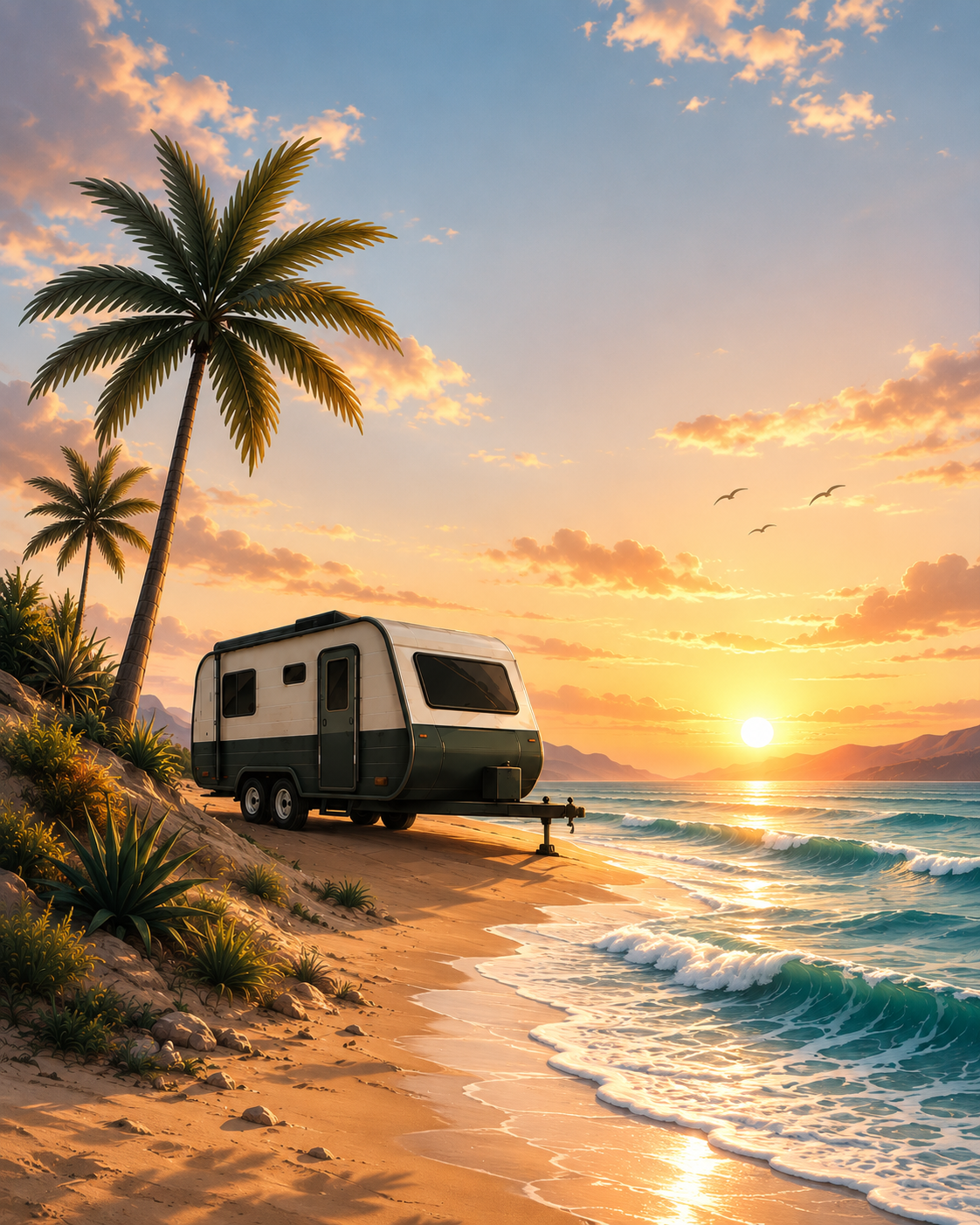 Premium caravan on Australian coastal beach at sunset